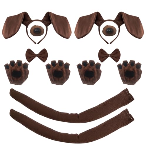 FUIPVGI 2 Sätze Hund Fancy Dress Kostüme,Included Dog Ears Headband Bowtie Fake Nose Tail Puppy Paw Gloves,Hundekostüm,Dackel-Hundeset,Welpenkostüm für Kinder Erwachsene für Halloween Cosplay (Braun) von FUIPVGI