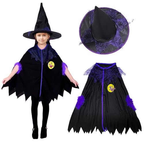 FUIPVGI 2 Stück Hexenkostüm Kinder,Hexenkostüm Mädchen,Hexenumhang mit Hut-Set, Halloween Kostüm Hexe Kostüm für Jungen und Mädchen, Halloween-Vampir-Rollenspiel-Kostüm Karneval Cosplay(2 PCS) von FUIPVGI