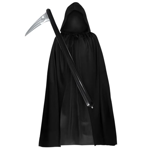 FUIPVGI 2 Stück Sensenmann Kostüm für Halloween Cosplay,140 cm Langer Schwarzer Kapuzenumhang Aufblasbare Sichel,Halloween Kostüm Halloween Kostüm Sensenmann für Halloween Cosplay (2 Stück) von FUIPVGI