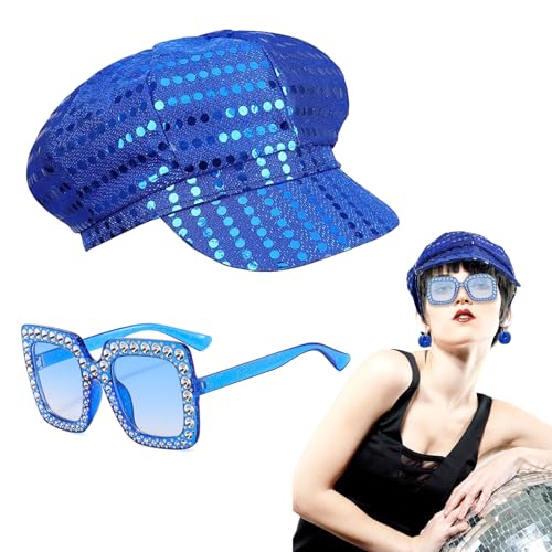 FUIPVGI 2 Stücke Disco Kostüm 70er Jahre Accessoires, Abba-Pailletten Hut-Set im 70er, Damen-Disco-Zubehör Outfit, mit Pailletten Hut Sonnenbrille, für Frauen, Themenparty, Fasching Karneval von FUIPVGI