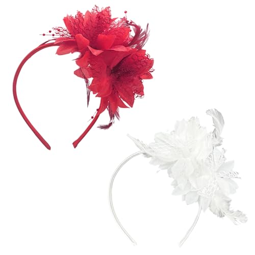 FUIPVGI 2 Stücke Haarreifen Damen, Feder Haarreif mit Künstlichen Blumen, 1920er Fascinator Kopfschmuck, Damen Feder Stirnband, Tee-Party Kopfbedeckung, für Karneval Cocktail Hochzeit (Weiß, Rot) von FUIPVGI