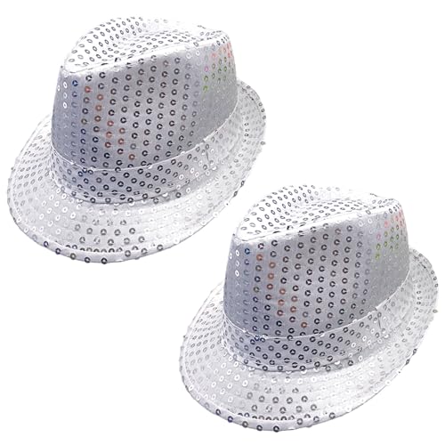 FUIPVGI 2 Stücke Paillettenhut, Glitzer Kappe Sylvester Karneval Party, Unisex, Disco Outfit Accessoire, Glitzer Partyhüte Kopfbedeckung, Narrenkappe für Themenparty, Mottoparty (Silber) von FUIPVGI