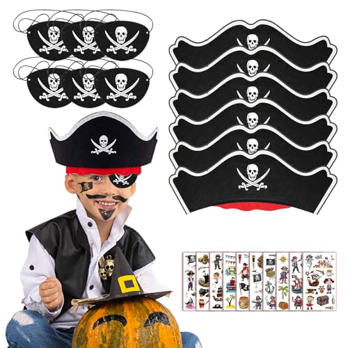 FUIPVGI 22 Stück Piraten Deko Kindergeburtstag, 6 Pcs Piratenhut 6 Pcs Piraten Augenklappe 10 Pcs Piraten Tattoo, Piraten Accessoires Piratenkostüm für Halloween, Piratenparty, Maskerade (22 Pcs) von FUIPVGI