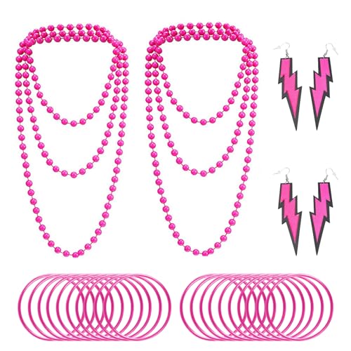 FUIPVGI 26 Stücke 80er Jahre Outfit Damen Set 80er Jahre Accessoires für Frauen, Ohrring, Halskette, Armband, 80er Jahre Kleidung Kostüm Neon Accessoires Thema Party Karneval Damen Frauen (Rosenrot) von FUIPVGI