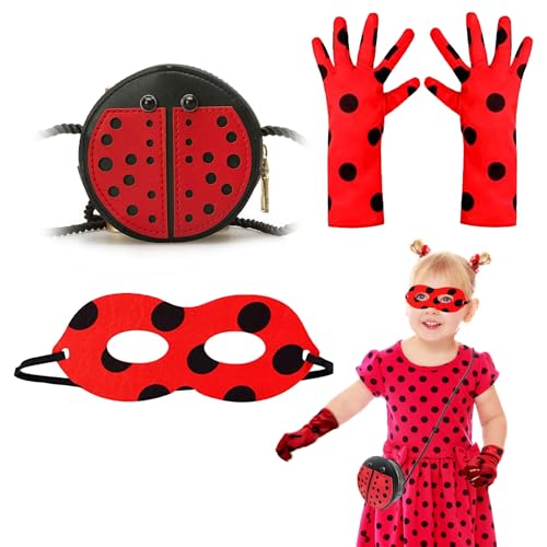 FUIPVGI 3 Stück Ladybug Kostüm Zubehör Set, Marienkäfer Kostüm Damen Mädchen mit Ladybug Maske, Marienkäfer Handschuhe, Ladybug Tasche, Ladybug Kostüm Kinder, für Halloween Karneval Rollenspiel (Rot) von FUIPVGI