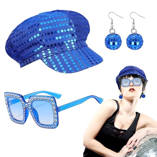 FUIPVGI 3 Stücke Disco Kostüm 70er Jahre Accessoires, Abba-Pailletten Hut-Set im 70er, Damen-Disco-Zubehör Outfit, mit Pailletten Hut Sonnenbrille Ohrringe, für Frauen, Themenparty, Fasching Karneval von FUIPVGI