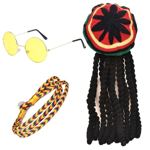 FUIPVGI 3 Stücke Mütze Rasta Dreadlocks mit Gelber Brille, Geflochtenes Armband, Reggae Hut Rasta Hut, Jamaikanische Dreadlocks Perücke, Maskerade-Kostümzubehör für Partys, Cosplay (Mehrfarbig) von FUIPVGI