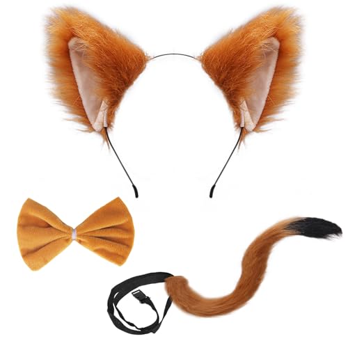 FUIPVGI 3 teiliges Fuchs Kostüm im Lieferumfang enthalten, künstliche Fuchsohren,Fuchsschwanz, Fuchs-Krawatte für Erwachsene und Kinder,Verkleiden von Fuchs-Cosplay, Halloween-Kostüm (braun) von FUIPVGI