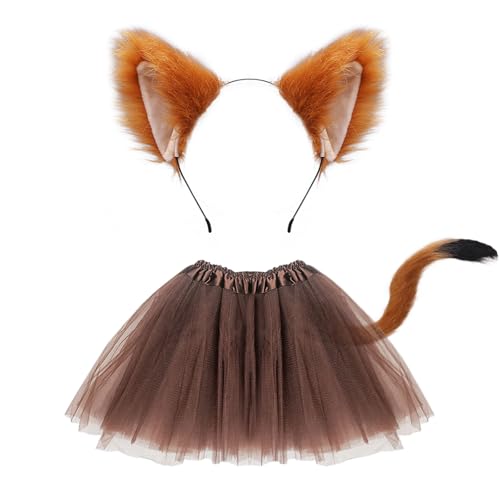 FUIPVGI 3 teiliges Fuchs Kostüm im Lieferumfang enthalten, künstliche Fuchsohren,Fuchsschwanz, Tutu-Rock für Erwachsene und Kinder,Verkleiden von Fuchs-Cosplay, Halloween-Kostüm, Bühnenshow (braun) von FUIPVGI