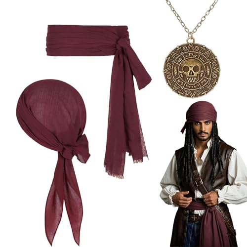 FUIPVGI 3-teiliges Piratenzubehör, mittelalterliches Piratenkostüm-Zubehör-Set, Piraten-Bandana und Schärpe, Gürtel, Totenkopf-Halskette, Piratenkostüm für Halloween, Kapitän, Piratenkostüm, Karneval von FUIPVGI