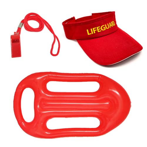 FUIPVGI 3 Stück Rettungsschwimmer Kostüm Lifeguard Set Fasching Kostüm Hut mit Wache, Rettungsring Pfeife mit Umhängeband, Verstellbare Sonnenschutzkappe, Baywatch Herren & Damen (Rot) von FUIPVGI