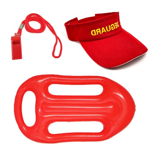 FUIPVGI 3 Stück Rettungsschwimmer Kostüm Lifeguard Set Fasching Kostüm Hut mit Wache, Rettungsring Pfeife mit Umhängeband, Verstellbare Sonnenschutzkappe, Baywatch Herren & Damen (Rot) von FUIPVGI