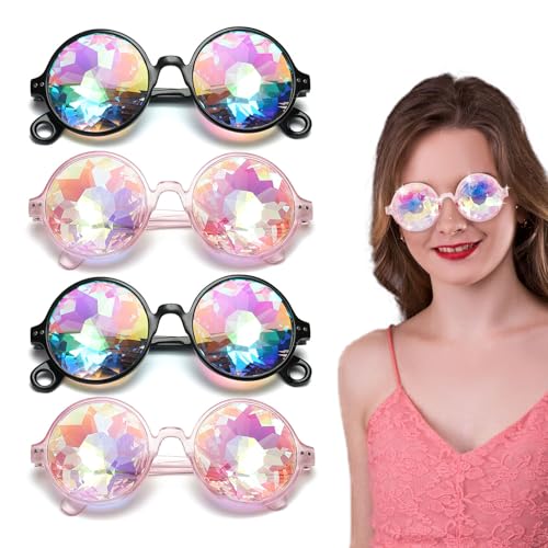 FUIPVGI 4 Stück Diffractions Party Brille mit 3D Prisma Bunt Effekt Mode Retro Rave Party Dress up Brille, Rave Brille für Nacht Show Karneval Party Herren Damen (Schwarz, Rosa) von FUIPVGI