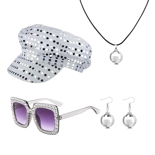 FUIPVGI 4 Stück Disco Accessoires für Damen 70er jahre Kostümzubehör, Pailletten Hut Discokugel Sonnenbrille, 70er 80er Jahre Outfit Damen für Fasching Karneval Kostüm von FUIPVGI