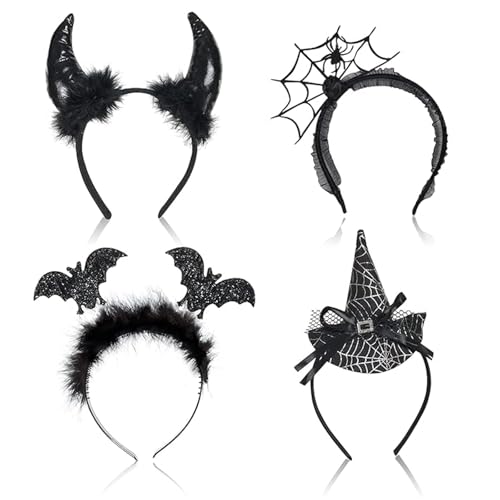 FUIPVGI 4 Stück Halloween-Stirnbänder Fledermaus Spinne Hexe Teufelshörner Stirnband für Kinder und Erwachsene, Halloween-Kopfhaar für Halloween-Party Cosplay Kostümzubehör (Schwarz) von FUIPVGI