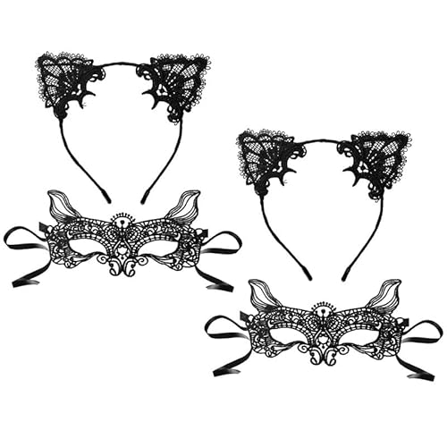 FUIPVGI 4 Stück Katzenohren Stirnband Katzenmaske Damen maske und katzenohren haarreif Set Katze Ohren Stirnband Katzenaugenmaske Spitze Augenmaske für Cosplay Halloween (Schwarz) von FUIPVGI