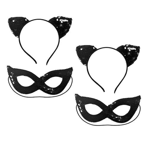 FUIPVGI 4 Stück Katzenohren Stirnband Katzenmaske Damen maske und katzenohren haarreif Set Katze Ohren Stirnband Pailletten Stirnbänder Katzenaugenmaske für Cosplay Halloween (Schwarz) von FUIPVGI