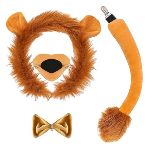 FUIPVGI 4 Stück Löwen-Kostüm-Set, Löwenohren Stirnband Schwanz Nase Fliege Kostüm-Set,Löwen-Kostüm-Zubehör-Set, Tier Cosplay Zubehör für Kinder und Erwachsene Karneval Halloween Weihnachten (Orange) von FUIPVGI