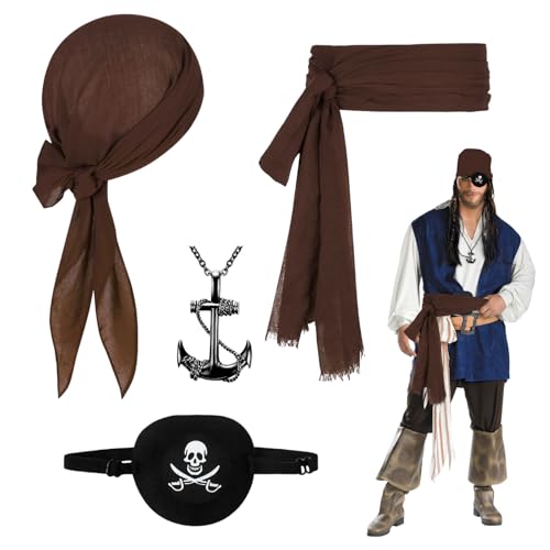 FUIPVGI 4 Stück Piratenkapitän Kostümzubehör für Erwachsene Piratenkostüm Piraten Bandana Piraten Gürtel Piraten Augenklappe Halskette, Piraten Accessoires für Halloween, Karneval von FUIPVGI