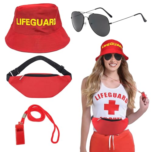 FUIPVGI 4 Stück Rettungsschwimmer Kostüm Lifeguard Set Fasching Kostüm Garde-Kostüm-Set Sonnenschutzkappe, Sonnenbrille, Gürteltasche und Pfeife mit Umhängeband, Baywatch Herren & Damen (Rot) von FUIPVGI