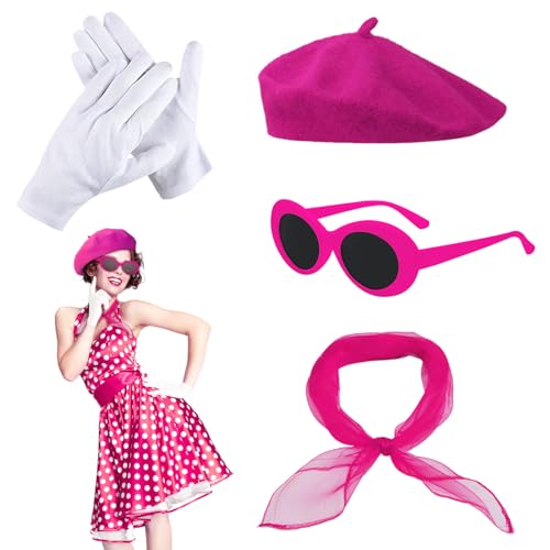 FUIPVGI 4 Stück Rockabilly Accessoires 50er Jahre Damen Kleid Zubehör, 1950s Kostüm Set, Rose Rot Baskenmütze, Schal, Sonnenbrille, Handschuhe, 1950s Kostüm Für Motoparty Retro Teily Party von FUIPVGI