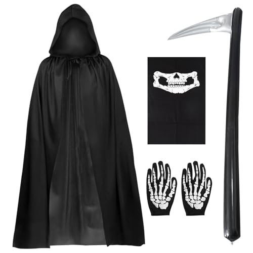 FUIPVGI 4 Stück Sensenmann Kostüm,Ghostface Kostüm,140 cm Langer Schwarzer Kapuzenumhang,Totenkopf Gesichtsmaske,Totenkopf Handschuhe,Aufblasbares Sichelzubehör für Cosplay Halloween (Schwarz) von FUIPVGI