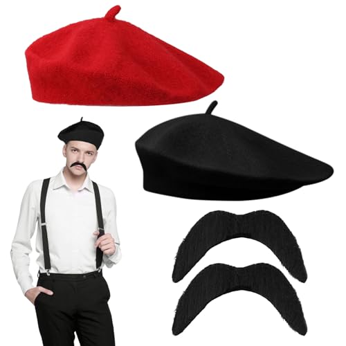 FUIPVGI 4 Stück französisches Kostüm, Baskenmütze, Schnurrbart, Erwachsene, Unisex, Schnurrbart für Kostüm, Haarschmuck, Outfit. (schwarz rot) von FUIPVGI