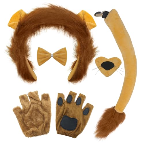 FUIPVGI 5 Stück Löwe Kostüm Zubehör Set,Löwenohren Plüsch Stirnband Schwanz Nase Fliege und Handschuhe Kostüm Set,Tier Kostüm Set für Kinder Erwachsene Thema Party Favors Weihnachten Halloween(Löwe) von FUIPVGI