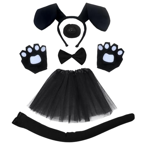 FUIPVGI 6 Stück Schwarzes Hündchen-Kostüm-Set,Inklusive Ohrenhaarbänder,Nase,Fliege,Schwanz,Pfotenhandschuhe,Schwarzes Rock,Hundekostüm für Kinder Tier-Themenparty Halloween (Schwarz) von FUIPVGI