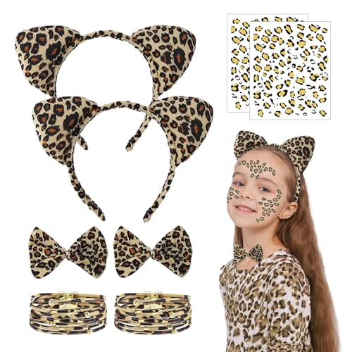 FUIPVGI 8 Piezas Leoparden Kostüm,Anzug mit Leopardenmuster,Tierkostüm, Leopardenkunst-Aufkleber, Fliege, Armband,Verkleidung für Halloween, Cosplay, Karneval, Party(Braun) von FUIPVGI