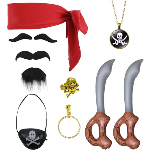 FUIPVGI 8 Stück Piraten Kostüm Zbehör Piraten Verkleidung Accessories Piratenkostüm Kinder Augenklappe Msser Bandana Halskette Creolen Ohrringe Piraten Outfit für Cosplay, Piraten Party(8 Stück) von FUIPVGI