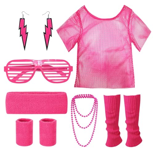 FUIPVGI 80er 90er Jahre Outfit Damen, 80er Jahre Accessoires Neon Thema Party, Netzshirt, 80s Aerobic Kleidung Mottoparty Accessoires Pink, 80er Jahre Workout Kostüm für Karneval Party (Rosa) von FUIPVGI