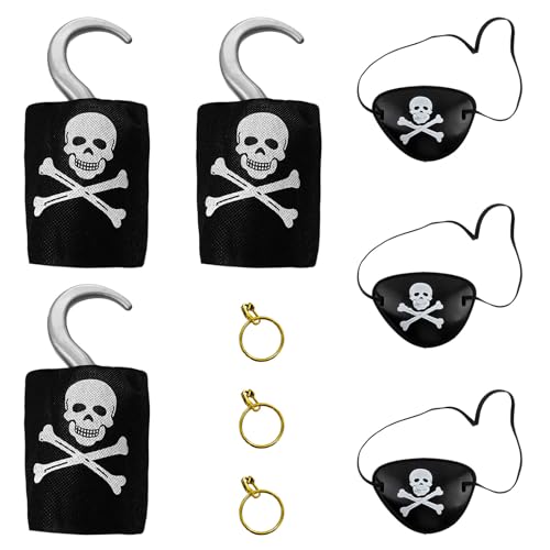 FUIPVGI 9 Stücke Piraten Kostüm Zubehör Set, Handhaken, Augenklappe und Goldener Kunststoff Ohrring, Pirat Captain Dress Up Set Accessoires für Party, Cosplay, Halloween, Erwachsene, Kinder (Schwarz) von FUIPVGI