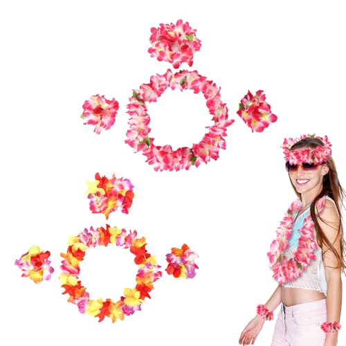 FUIPVGI Bunte hawaiianische Leis künstliche hawaiianische Blumen-Halskette, Blumen-Armbänder, Stirnband für Frauen und Mädchen, Hula-Tanz, tropische hawaiianische Party-Kostüme, Dekorationen (2 Sets), von FUIPVGI