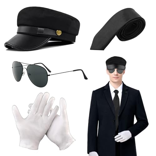 FUIPVGI Chauffeur-Kostüm, Zubehör, Fahrerkostüm, schwarzer Hut, Sonnenbrille, Krawatte, Handschuhe, 1980er-Jahre, Limousine, Taxifahrer, Verkleidung für Erwachsene, Cosplay (schwarz), 4 Stück von FUIPVGI