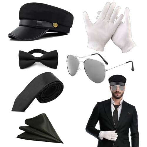 FUIPVGI 6 Stück Chauffeur Kostüm Zubehör,Limousinenfahrer-Kostümset mit Chauffeurhut Fliege Krawatte Taschentuch Silberner Brille Weißen Handschuhen,für Erwachsene Cosplay-Mottoparty(Schwarz) von FUIPVGI