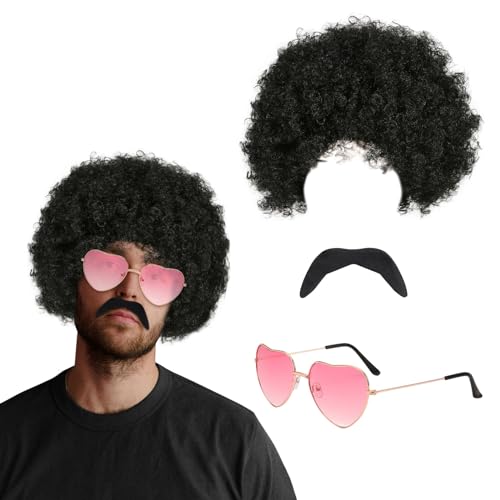 FUIPVGI Funky Afro-Perücke, 3 Stück 70er-Jahre-Retro-Hippie-Anziehzubehör, Hippie-Brille, Schnurrbärte, Funky-Afro-Perücke, 60er-70er-Jahre-Zubehör für Männer, Hippie-Kostüm, Herren-Perücke (3 Stück) von FUIPVGI