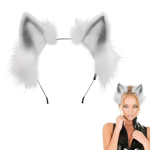 FUIPVGI Handgefertigtes Fell Katzenohren Fuchs Stirnband Fursuit Kopfbedeckung Kawaii Fuchs Katzen Ohren Haarband, Halloween Haarschmuck Weihnachten Kostüm Anime Cosplay Mädchen Damen (Grau) von FUIPVGI