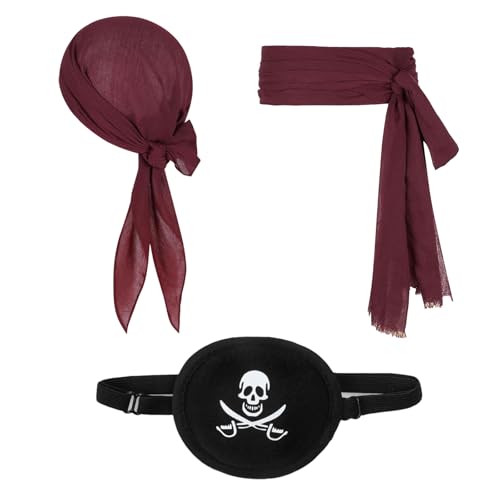 FUIPVGI 3 Stück Piratenkostüm,Piraten-Bandana und Schärpengürtel Augenklappe, Renaissance-Bandana in Weinrot,Piraten-Kostüm-Zubehör für Damen und Herren, Piratenparty Halloween(3 Stück) von FUIPVGI