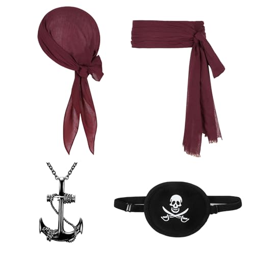 FUIPVGI 4 Stück Piratenkostüm,Piraten-Bandana und Schärpengürtel, Ankerkette mit Augenklappe,Vintage Piraten Accessoires,Mittelalter Piratenkostüm Zubehör Set für Halloween Deko Piratenparty(Weinrot) von FUIPVGI