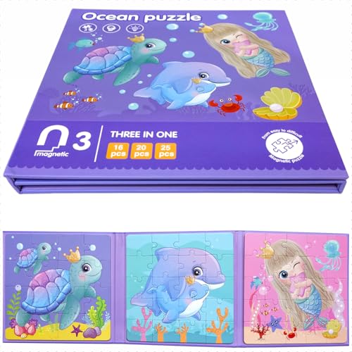 Childrens Puzzle Magnetpuzzle fürKinder, Magnetische Puzzle Buch, 3 Jigsaw Puzzle Muster in 1 Buch mit CE-zertifizierten Materialien (Ocean) von FUJIAN