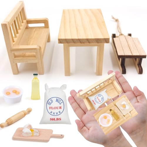 9 Stück Miniatur Wichtel Zubehör Weihnachten, FUKPO Mini Wichtel Backset Schlitten Bank Stühle Tisch Nudelholz Ei Mehl Küche Backen Möbel, Miniatur Wichtelzubehör Deko Puppenhaus Zubehör Set 1/12 von FUKPO