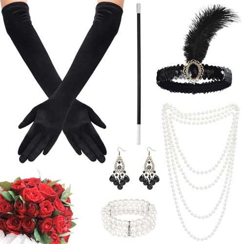 FUKPO 6 Stück 20er Jahre Accessoires Set, 20er Jahre Kostüm Damen mit Handschuhe Lang Zigarettenspitze Kopfschmuck Halskette Ohrringe Flapper Stirnband, 1920er Charleston Gatsby Accessoires Damen von FUKPO