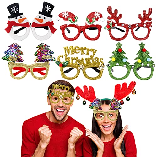 FUKPO 6 Stück Weihnachten Brille Rahmen, Weihnachtsgläser Weihnachtsbaum Brillengestell Geweih, Weihnachtsbrillen Kreative Lustige zum Weihnachten Party Deko für Erwachsene und Kinder von FUKPO