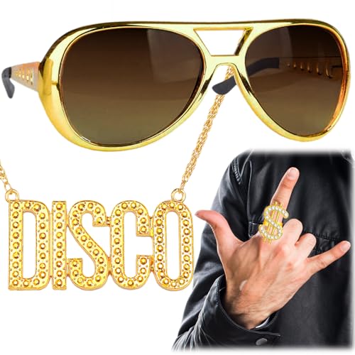 FUKPO Disco Kette Gold Brille Dollar Ring Gold Set, Zuhälter Kostüm Herren Damen 90er 80er Jahre 70er Hip Hop Outfit Karneval, Goldkette Fasching Gangster Rapper Kostüm Männer Frauen Jungs Kinder von FUKPO