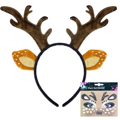 FUKPO Rentier Haarreif + Rentier-Gesichtsaufkleber, Reh Ohren Haarreifen Kostüm Damen Mädchen Kinder Erwachsene Geweih Haarreif, Kopfschmuck Karneval Mottoparty Fasching Cosplay Halloween Weihnachten FUKPO Rentier Haarreif + Rentier-Gesichtsaufkleber, Reh Ohren Haarreifen Kostüm Damen Mädchen Kinder Erwachsene Geweih Haarreif, Kopfschmuck Karneval Mottoparty Fasching Cosplay Halloween Weihnachten von FUKPO