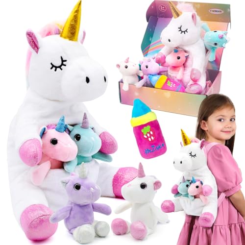 Einhorn Kuscheltier Set Einhorn Mama mit Babys Rosa Flasche Kuscheltier Einhorn Geschenke für Mädchen 3 4 5 6 7 8 Jahre 6 Pcs Einhorn Spielzeug Christmas Geburtstag Geschenk für Kinder Mädchen von FUNCREVITY