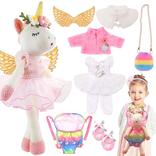 FUNCREVITY Einhorn Kuscheltier mit 3 Outfits und Umhängetasche Puppenzubehör Einhorn Geschenke für Mädchen Einhorn Ballett Puppe Stofftier Plüschtier Spielzeug Mädchen Geschenke 3 4 5 6 7 8 Jahre von FUNCREVITY