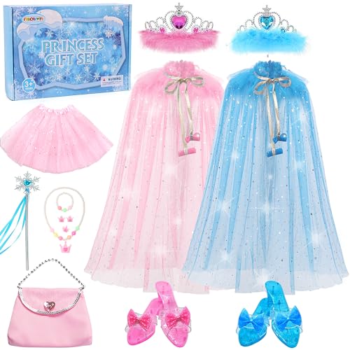 FUNCREVITY Prinzessin Kostüm Mädchen Verkleidung Mädchen Blau und Rosa Umhang Prinzessin für 3 4 5 6 jährige Mädchen mit zwei Prinzessin Krone Mädchen/Zauberstab Mädchen Elsa Princess Dress up von FUNCREVITY