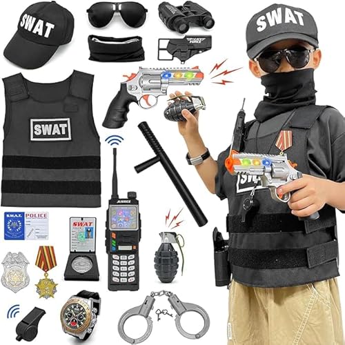 Polizei Kostüm Kinder, Polizei Kostüm für Kinder mit Weste Abzeichen Walkie Talkie Polizei Spielzeug Polizei Rollenspiel Set Halloween Kostüme Karneval Geburtstag Geschenk für Jungen 3-8 Jahre alt von FUNCREVITY